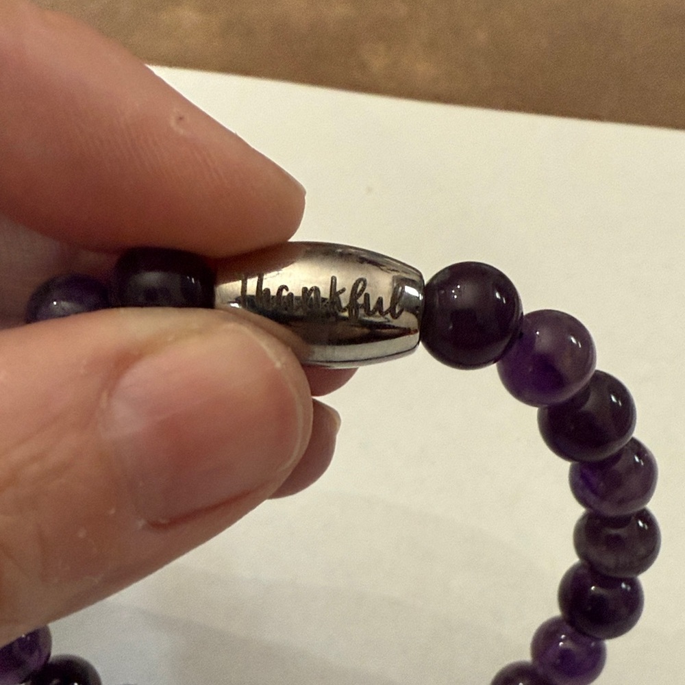 Amethyst Beaded Bracelet with Silver Accent says “Thankful”
